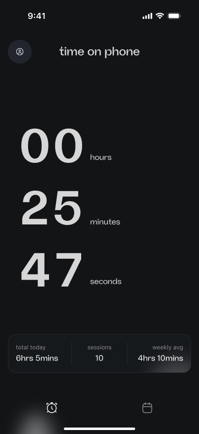 Heed home screen showing time on phone: 00 hours 25 minutes 47 seconds